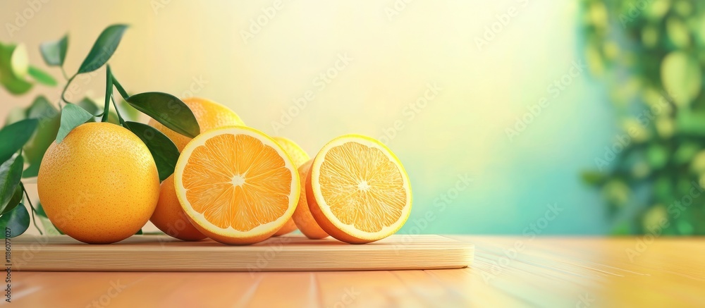 Aufkleber ripe tasty cut and whole oranges on a wooden cutting board against a vibrant background. with copy s