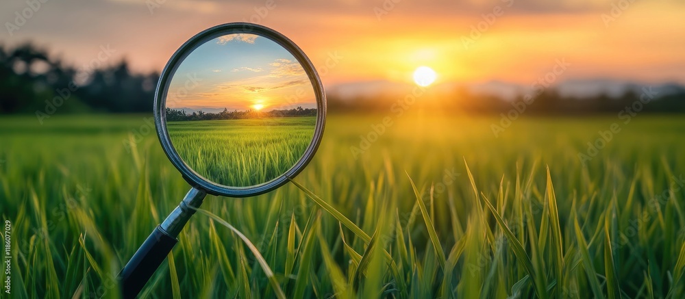 Poster Magnifying glass over a green rice field with a sunset view in the background. with copy space image. Place for adding text or design
