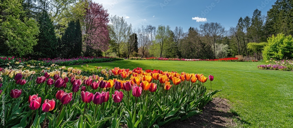 Poster blooming tulips in the spring garden. with copy space image. place for adding text or design