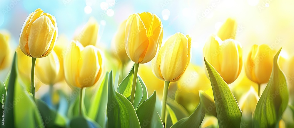 Aufkleber Panorama frame Close up of tulips featuring vibrant yellow petals and green leaves in spring. with copy space image. Place for adding text or design