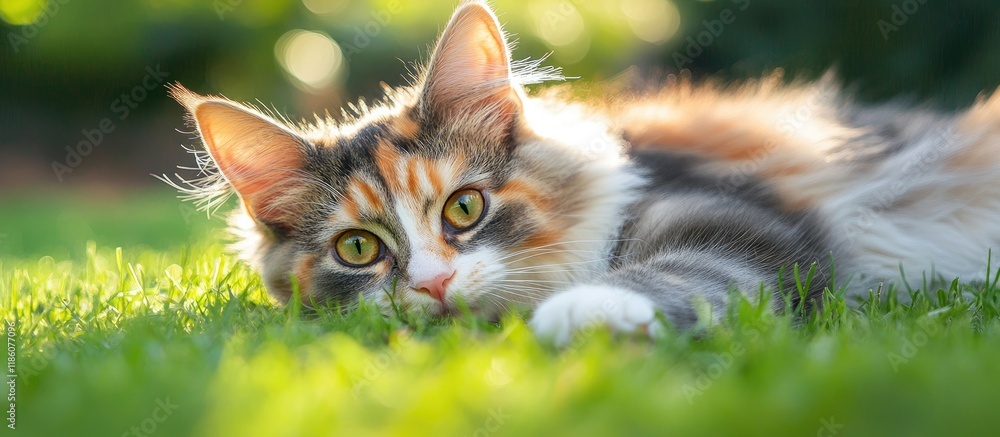 Poster close up portrait of a happy well fed multicolored cat resting on the green grass in a garden the fl