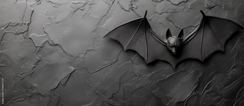 Poster top view of halloween crafts featuring a bat on a monochrome background with copyspace for text hall