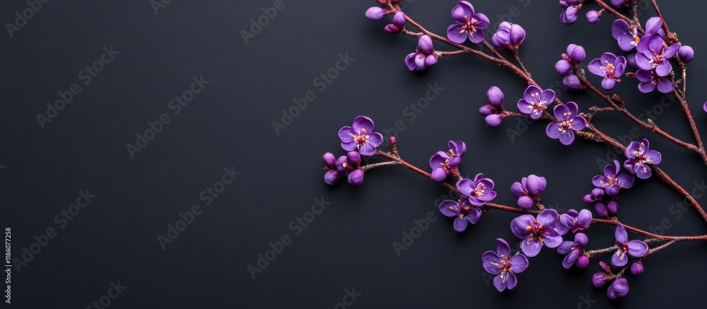 Leinwandbilder decorative branches with purple blossoms isolated on a black background close up selective focus. wi