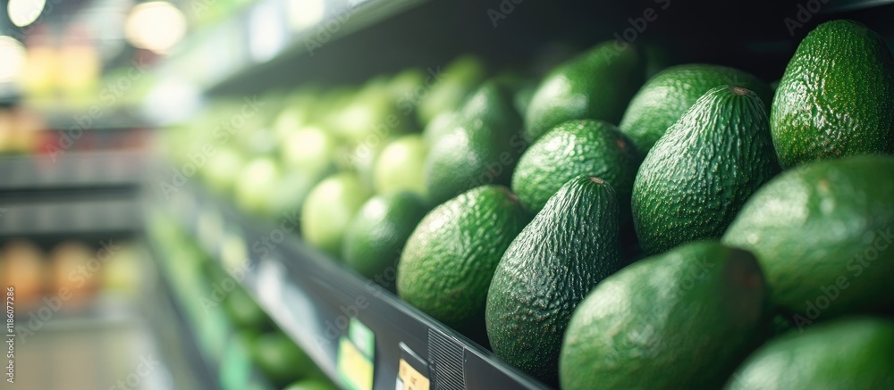 Aufkleber closeup of avocados displayed in the supermarket background and wallpaper featuring copy space for t