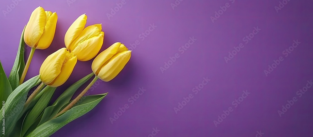 Leinwandbilder yellow tulips on a purple backdrop flat lay top view valentine s background. with copy space image. 