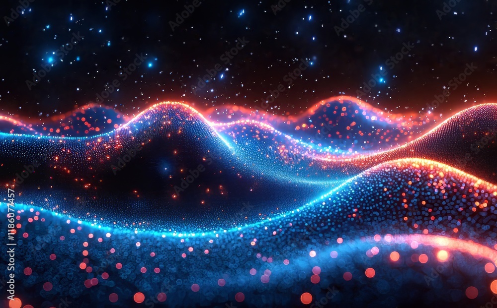 Poster a dynamic digital universe of glowing specks and cascading motions, conveying a vibe of motion and v