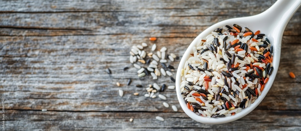 Leinwandbilder A blend of white brown wild and black rice in a white ceramic spoon set against a weathered wood background. with copy space image. Place for adding text or design