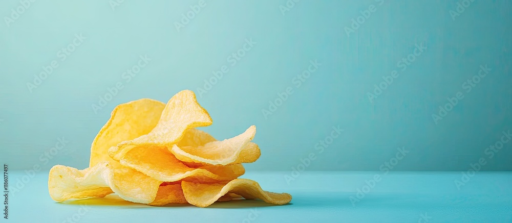 Aufkleber Potato chips on a blue table high in calories referred to as mild drag. with copy space image. Place for adding text or design