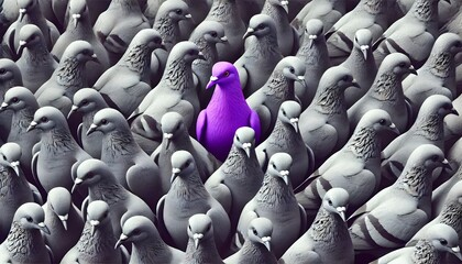 Obraz premium A purple pigeon alone among a crowd of grey pigeons, concept of standing out from the crowd as a leader, of being different and unique with its own identity and special skills among the others