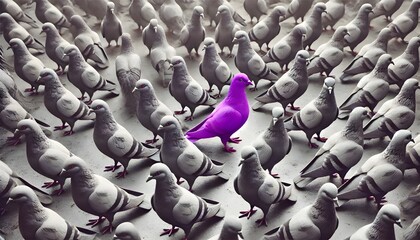 Fototapeta premium A purple pigeon alone among a crowd of grey pigeons, concept of standing out from the crowd as a leader, of being different and unique with its own identity and special skills among the others