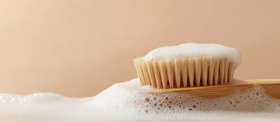 Reusable wooden dishwashing brush featuring coconut bristles on a beige background with soapy foam Space for your text Cleaning concept Cleaning service Zero waste and low waste lifestyle
