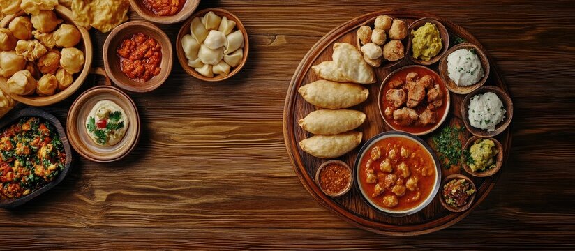 Aerial view of Georgian cuisine presented on a brown wooden table Traditional Georgian dishes include khinkali kharcho chakhokhbili phali and lobio accompanied by local sauces such as tkemali satse