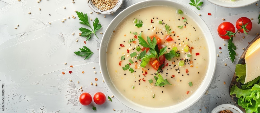 Aufkleber cheese soup topped with sesame seeds herbs and vegetables served on a beautifully arranged table. wi