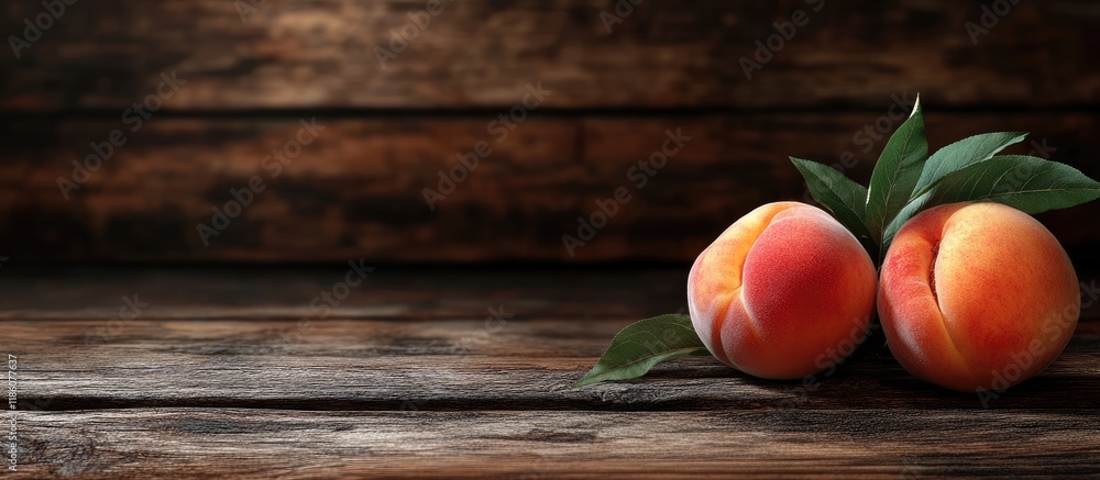 Aufkleber peach fruit on a background of an aged weathered wooden table. with copy space image. place for addi
