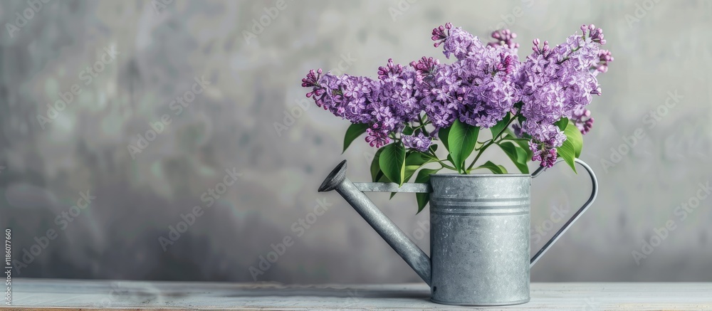 Poster bunch of purple lilacs with a metal watering can. with copy space image. place for adding text or de