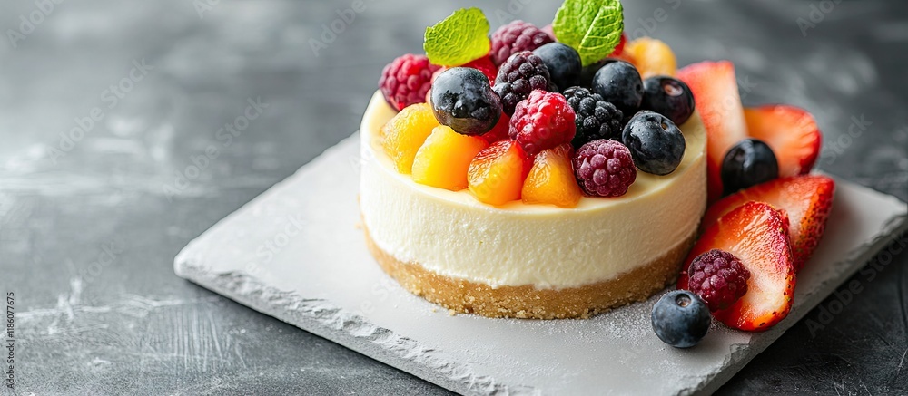 Poster selective focus on japanese cheesecake topped with mixed fruits the cheesecake is accompanied by sli