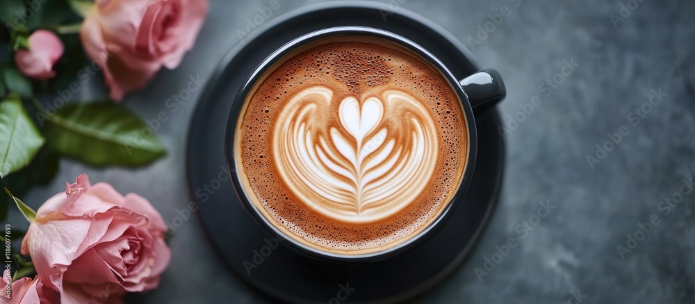 Aufkleber A cup of coffee featuring latte art and roses Top view or flatlay. with copy space image. Place for adding text or design
