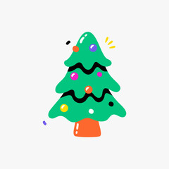 Christmas tree adorned with colorful ornaments in flat vector illustration representing holiday joy and celebration, symbolizing New Year, isolated on white background