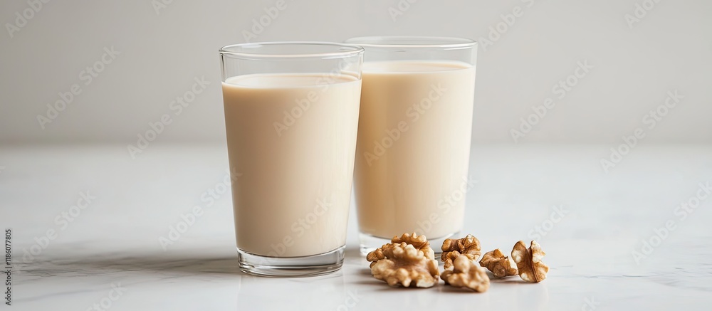Poster Vegan walnut milk in a glass set against a white background. with copy space image. Place for adding text or design