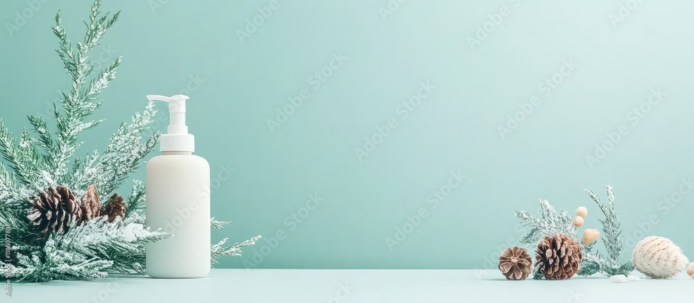 Poster Winter care cosmetics on a colored backdrop space for text insertion minimalistic design Skin care skin hydration. with copy space image. Place for adding text or design