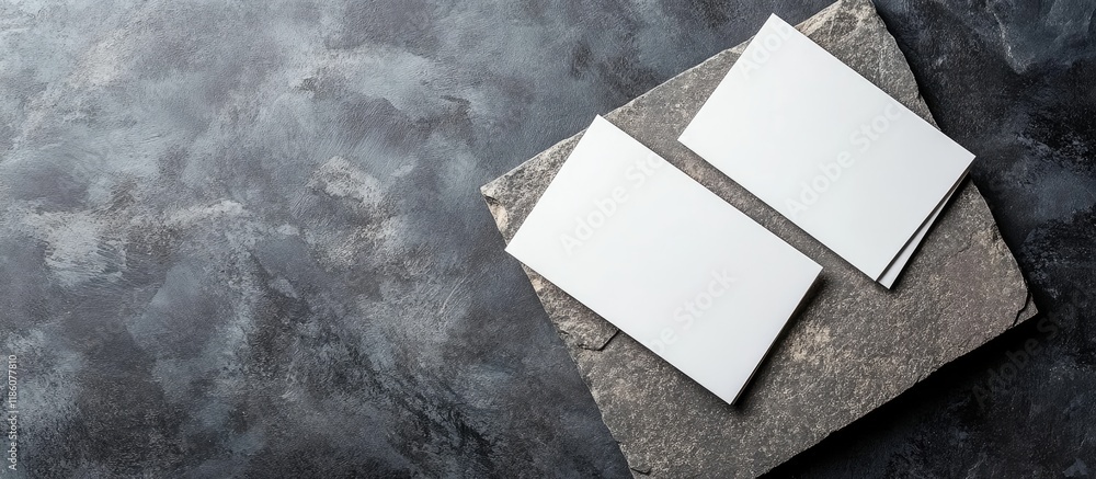 Aufkleber blank white business cards on a stone board mockup for identification template for graphic designers