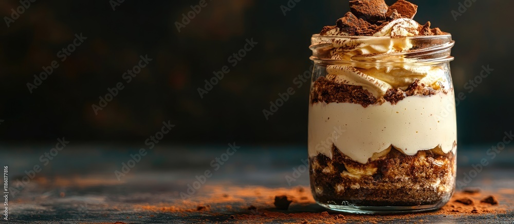 Aufkleber classic italian dessert tiramisu served in a glass jar. with copy space image. place for adding text