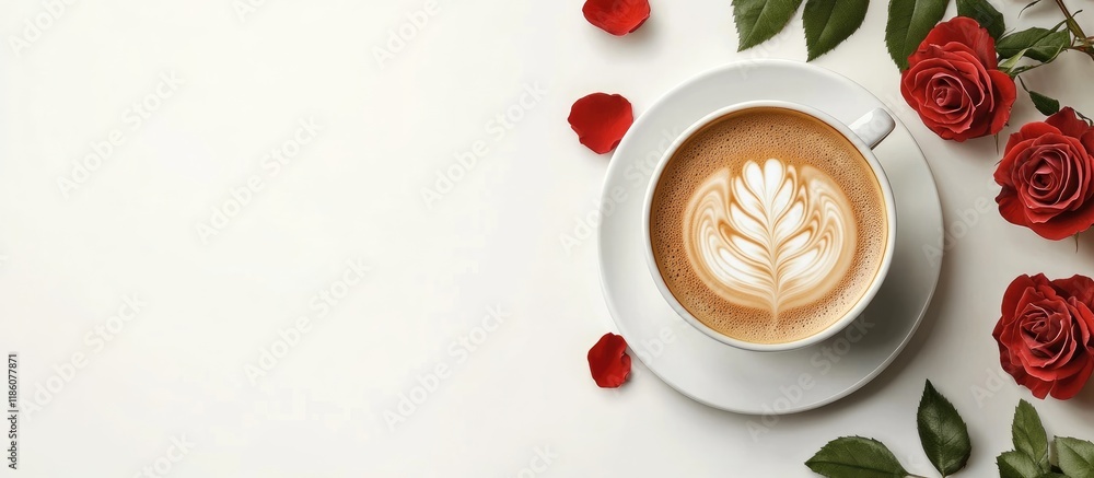 Aufkleber A cup of coffee featuring latte art and roses Top view or flatlay. with copy space image. Place for adding text or design