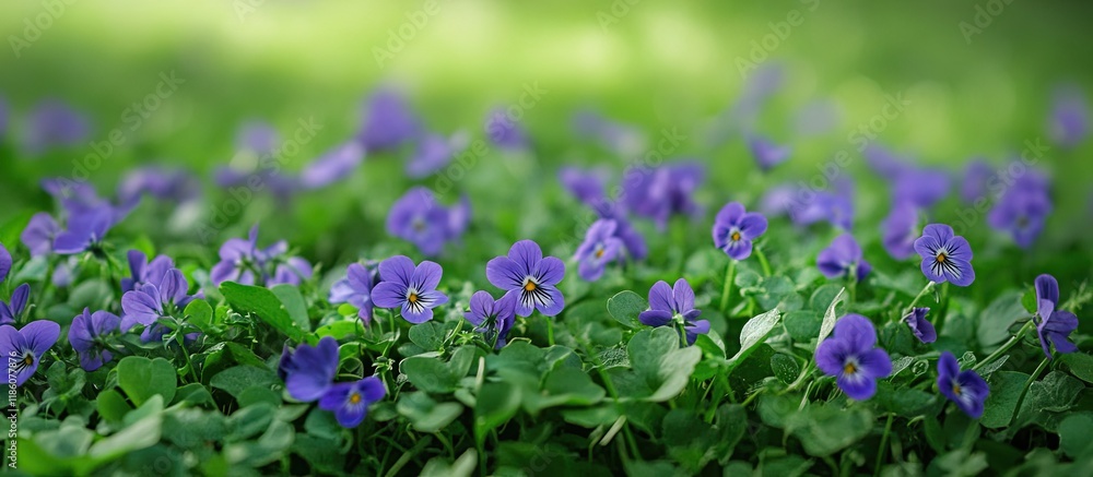 Poster close up of a wild violet plant flourishing and flowering in a lawn. with copy space image. place fo