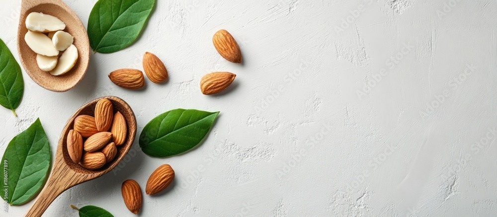 Poster Spoon with delicious almonds and fresh green leaves on a light grey table Room for text. with copy space image. Place for adding text or design