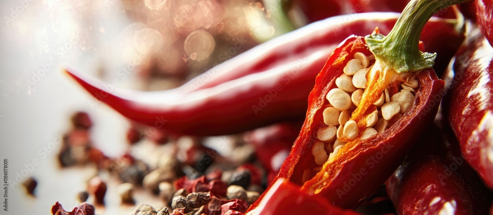Aufkleber Close up of fresh crisp red hot peppers One pepper is cut open revealing its seeds The spices are stacked on top of each other against a white background. with copy space image