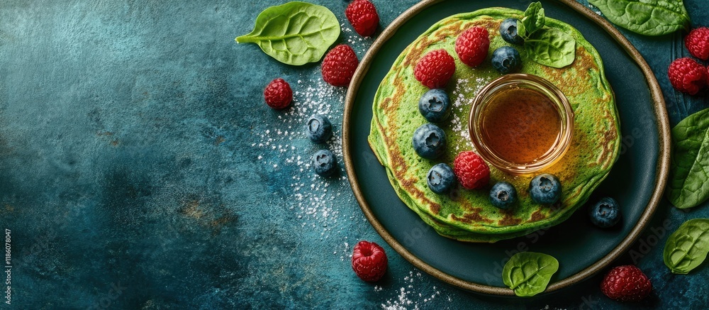 Poster nutritious green spinach pancakes topped with raspberries blueberries and honey for breakfast. with 