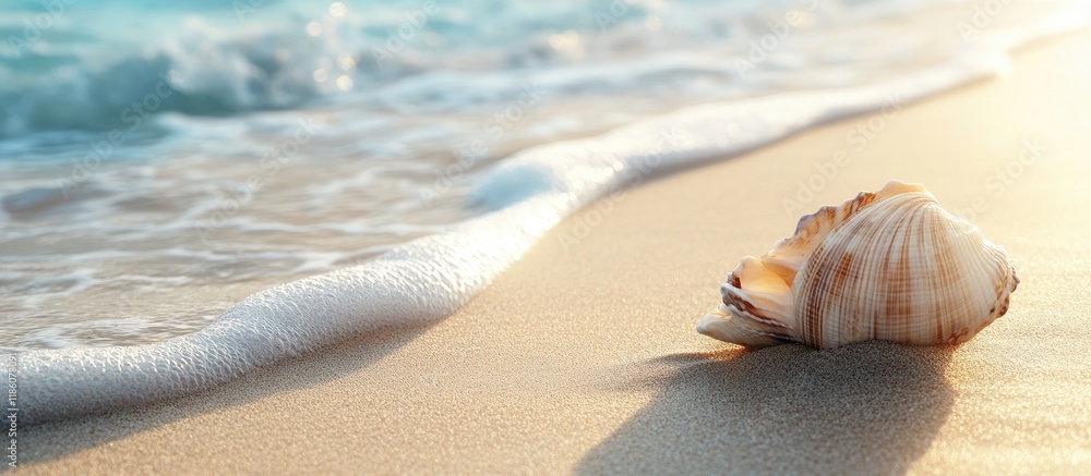 Poster Seashell on the sandy beach Summer vacation. with copy space image. Place for adding text or design