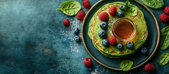 Nutritious green spinach pancakes topped with raspberries blueberries and honey for breakfast. with copy space image. Place for adding text or design