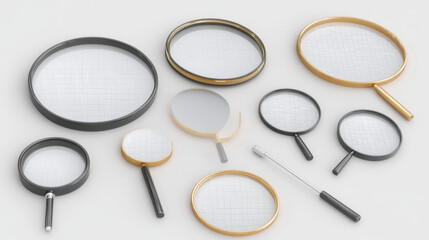 Magnifying glasses, loupes with clear lenses isolated on transparent background. Vector realistic set of golden, silver and black plastic magnifiers, optical zoom tool for document scrutiny