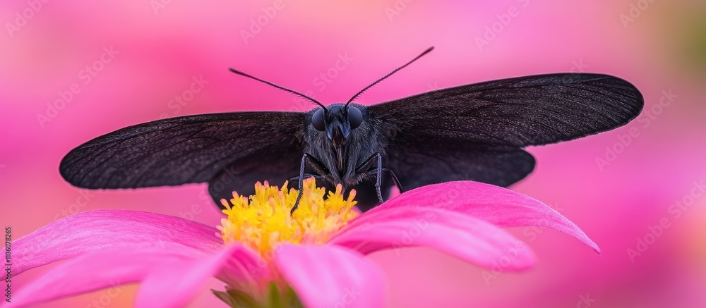 Aufkleber Black Moth Odezia atrata resting on a pink flower. with copy space image. Place for adding text or design