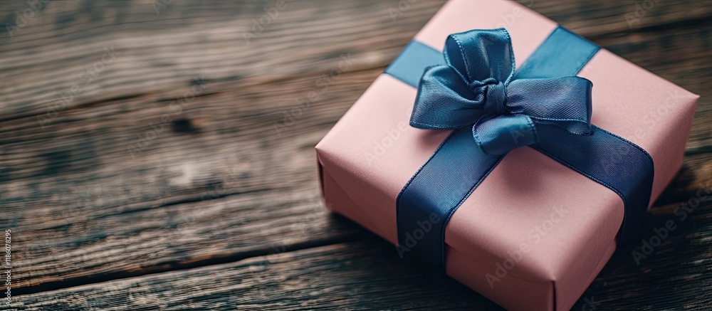 Poster handmade pink gift box adorned with a blue ribbon and bow on an old wooden table. with copy space im