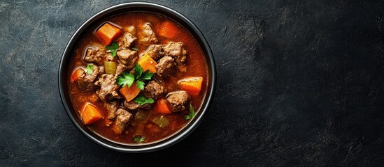 Bowl of fresh meat soup on a dark background top view. with copy space image. Place for adding text or design