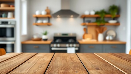 Rustic Kitchen Tabletop Warm Wooden Surface, Blurred Farmhouse Background