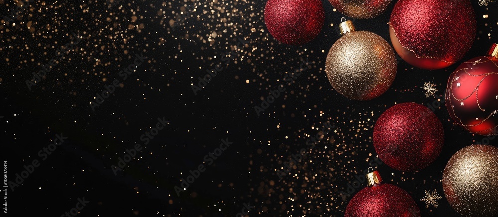 Aufkleber red and gold glitter ornaments on a black background for a simple christmas banner or card graphic t