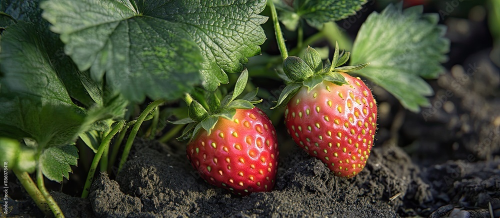 Leinwandbilder detail of a strawberry plant featuring both ripe and unripe strawberries in an organic garden. with 