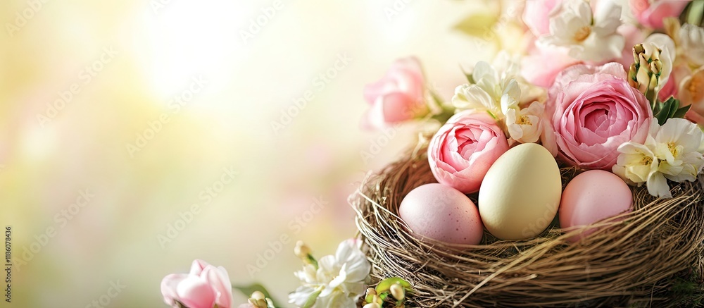 Leinwandbilder Easter decorations or a Spring card featuring spring flowers and eggs in a nest. with copy space image. Place for adding text or design