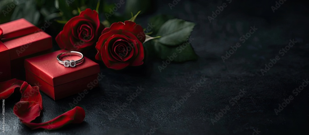 Poster Red roses a ring and a gift box on a black background. with copy space image. Place for adding text or design