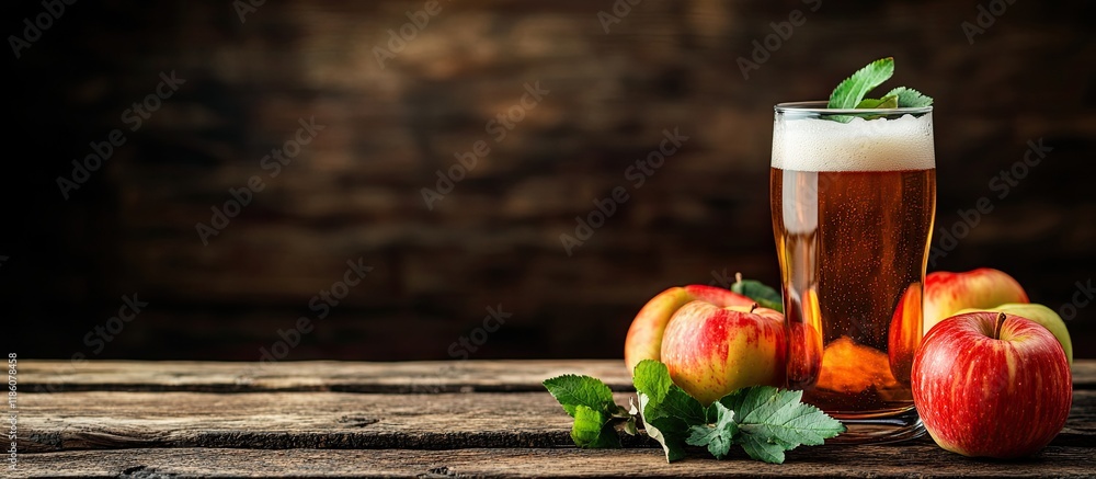 Aufkleber tasty cider and apples with green leaves on a wooden table room for text. with copy space image. pla