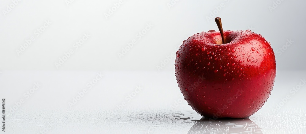 Poster red apple with water droplets on a white background with copy space for text