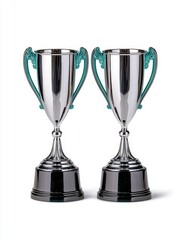A photostock of polished silver trophies arranged in a neat row, isolated on a clean white background, professional and sleek, High Quality