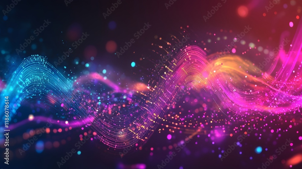 Poster abstract colorful waves with sparkling particles