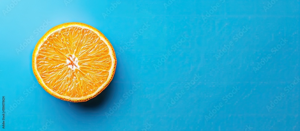 Aufkleber close up of a fresh orange slice on a blue background flat lay copyspace top view
