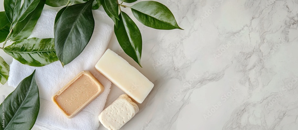 Poster Soap bars and a houseplant on a white table overhead view with space for text Spa time. with copy space image. Place for adding text or design
