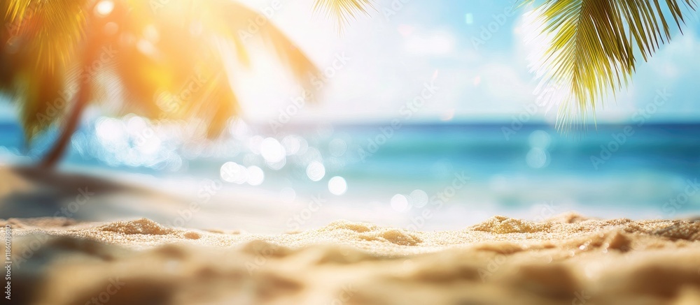 Aufkleber Blurred tropical beach with bokeh sunlight and waves creating an abstract background Copy space for outdoor summer vacation and travel adventure ideas Vintage tone filter effect color style