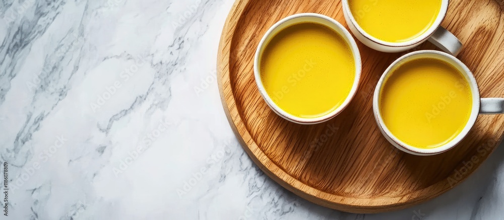 Aufkleber Golden milk with turmeric in two cups on a wooden serving tray Close up on a white table. with copy space image. Place for adding text or design